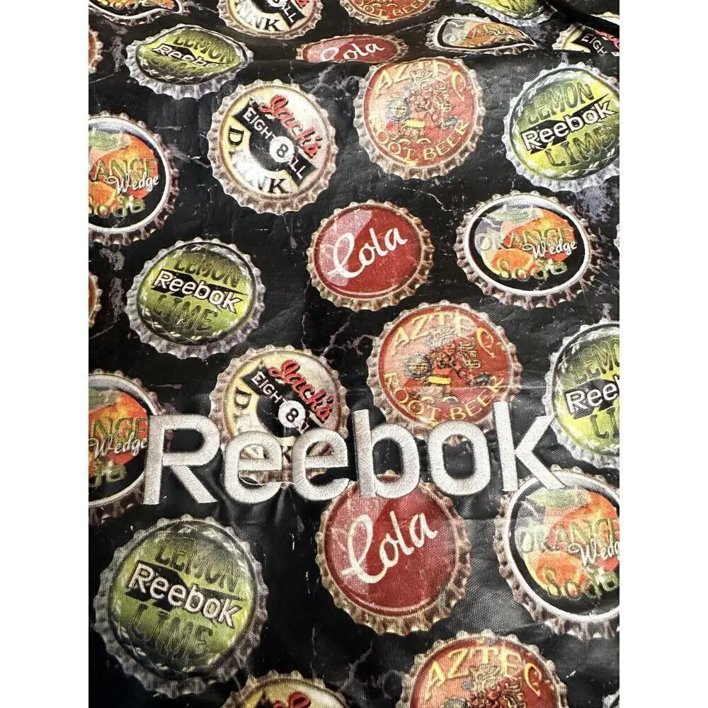 Vintage Reebok Black Multicolor Beverage Caps Print Drawstring Bag